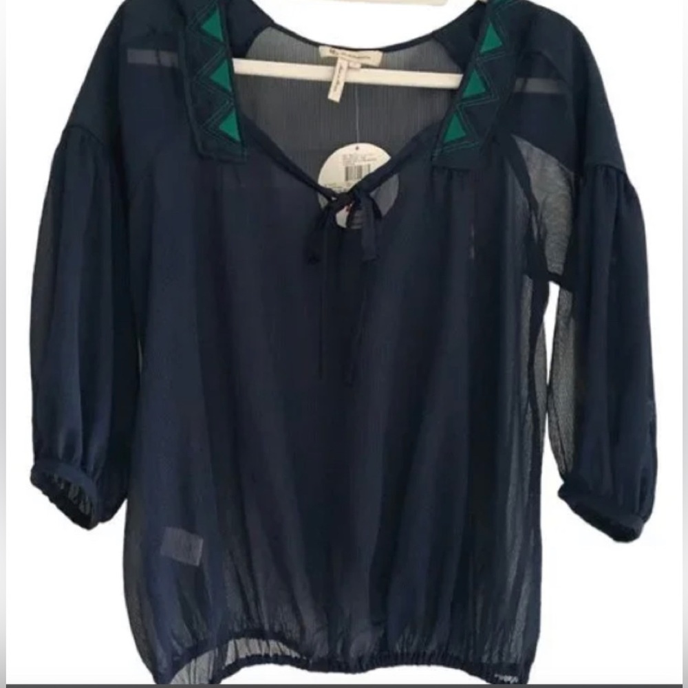 BCBG Contrast Stitch Blouson Sheer Boho Peasant Top, SizeXS Navy Blue/Green